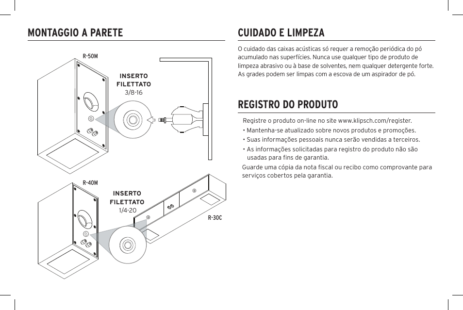 Cuidado e limpeza, Registro do produto montaggio a parete | Klipsch Reference R-40SA Dolby Atmos Add-On Speakers (Pair) User Manual | Page 38 / 48