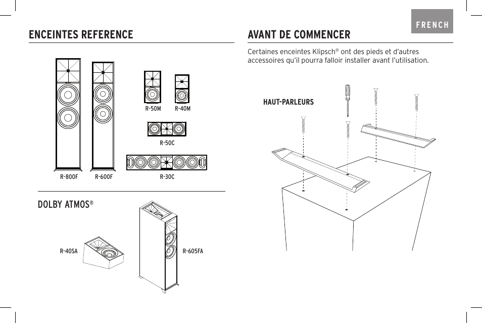 Enceintes reference, Avant de commencer, Dolby atmos | Klipsch Reference R-40SA Dolby Atmos Add-On Speakers (Pair) User Manual | Page 9 / 48