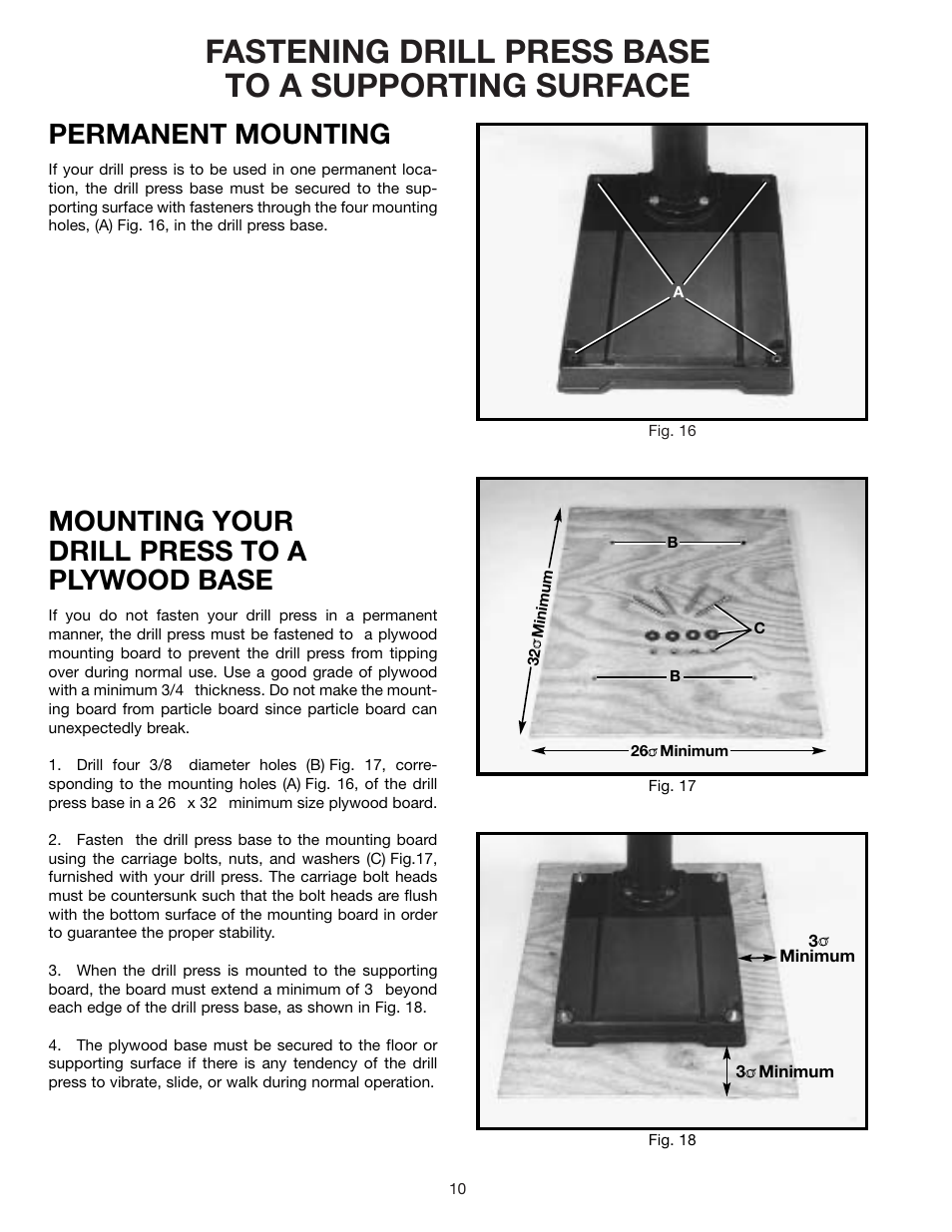 Fastening drill press base to a supporting surface, Permanent mounting, Mounting your drill press to a plywood base | Delta 70-200 User Manual | Page 10 / 17