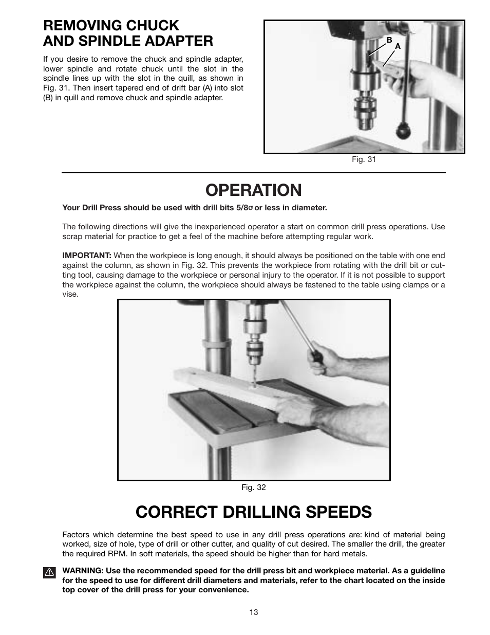 Operation, Correct drilling speeds, Removing chuck and spindle adapter | Delta 70-200 User Manual | Page 13 / 17