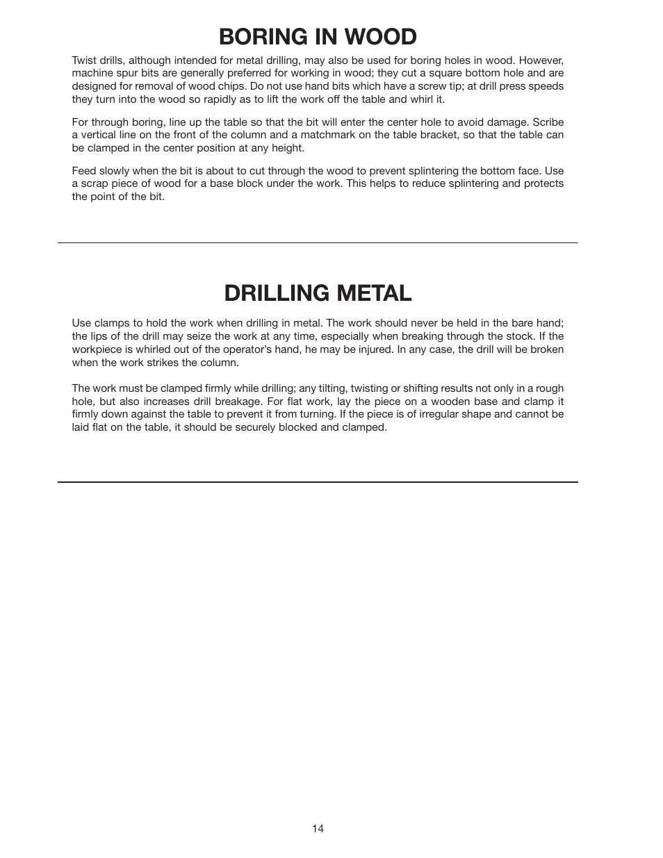 Drilling metal, Boring in wood | Delta 70-200 User Manual | Page 14 / 17