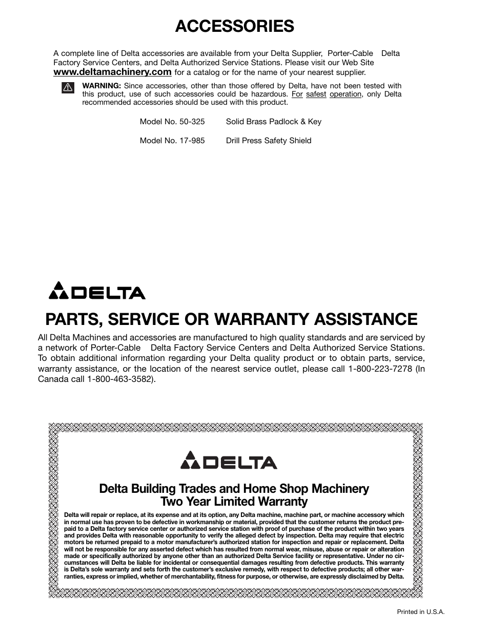 Parts, service or warranty assistance, Accessories | Delta 70-200 User Manual | Page 16 / 17