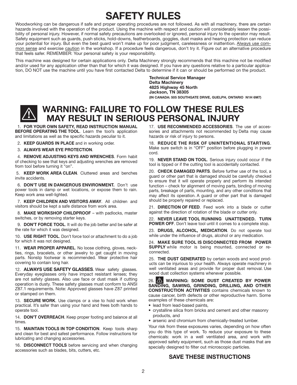 Safety rules | Delta 70-200 User Manual | Page 2 / 17