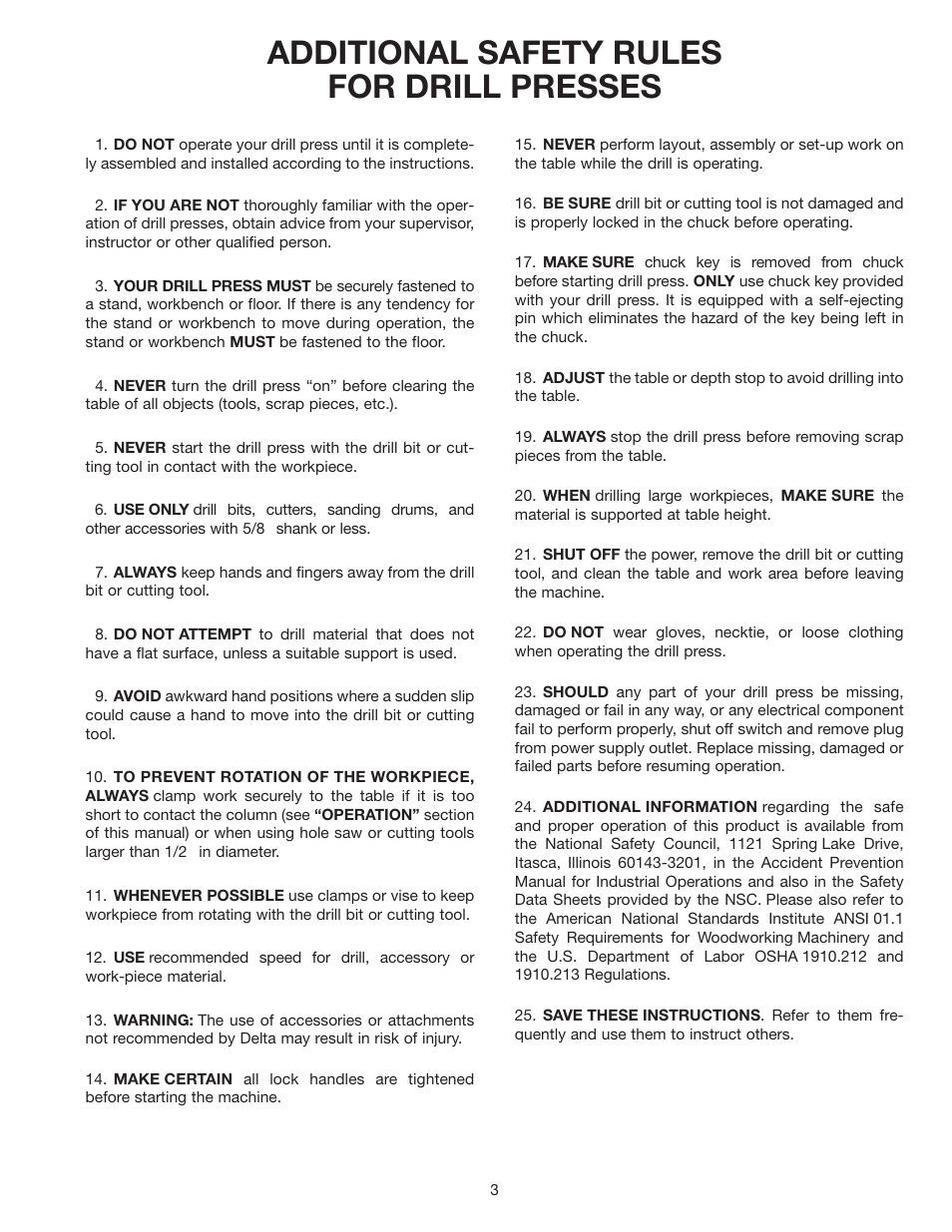 Additional safety rules for drill presses | Delta 70-200 User Manual | Page 3 / 17