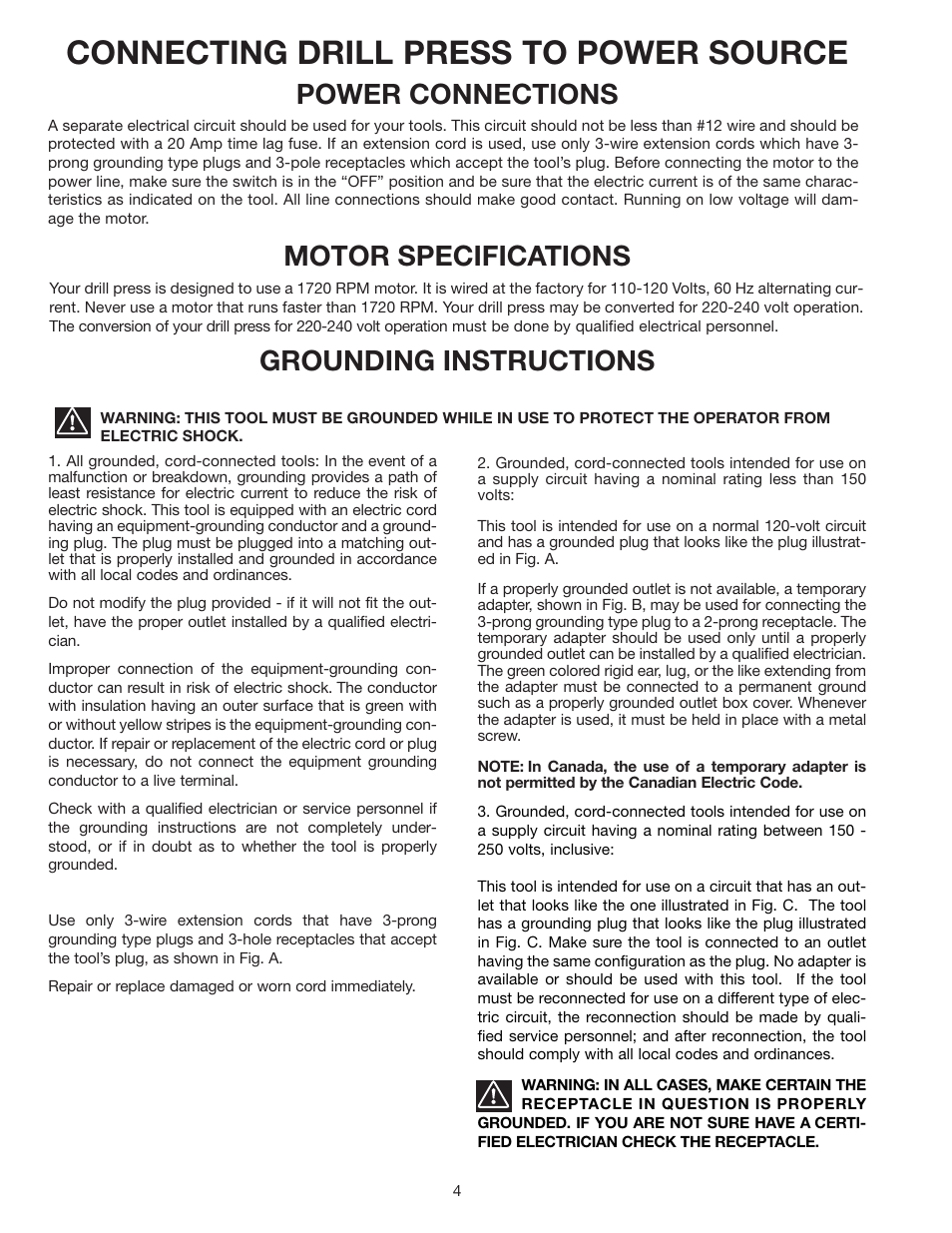 Connecting drill press to power source, Power connections, Motor specifications | Grounding instructions | Delta 70-200 User Manual | Page 4 / 17