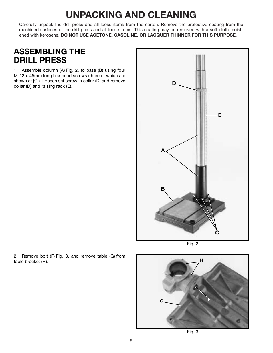 Unpacking and cleaning, Assembling the drill press | Delta 70-200 User Manual | Page 6 / 17