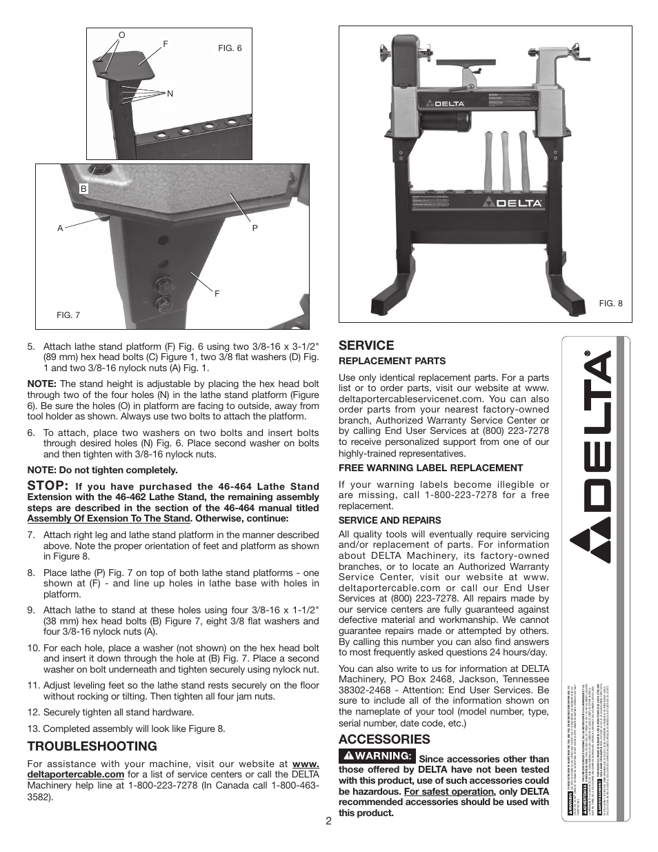 Stop, Troubleshooting, Service | Accessories, Fig. 6 o f, Fig. 8 n fig. 7 p f b a | Delta 46-462 User Manual | Page 2 / 8