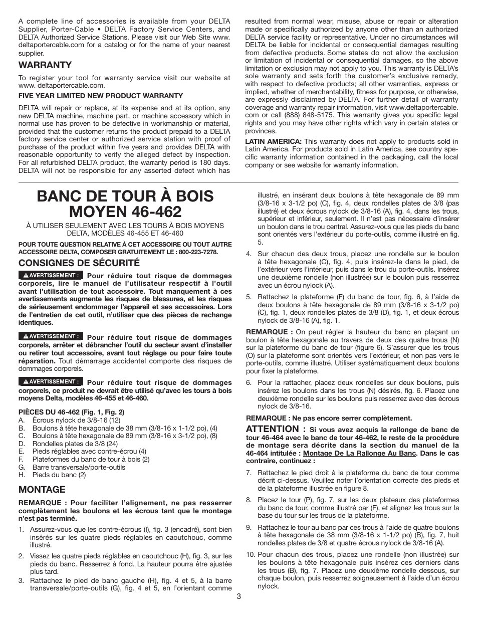 Consignes de sécurité, Montage, Warranty | Attention | Delta 46-462 User Manual | Page 3 / 8