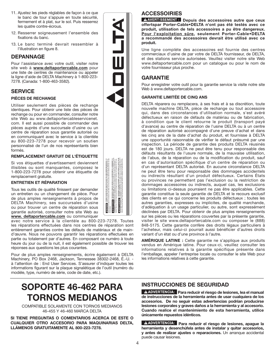 Depannage, Service, Accessoiries | Garantie, Instrucciones de seguridad | Delta 46-462 User Manual | Page 4 / 8