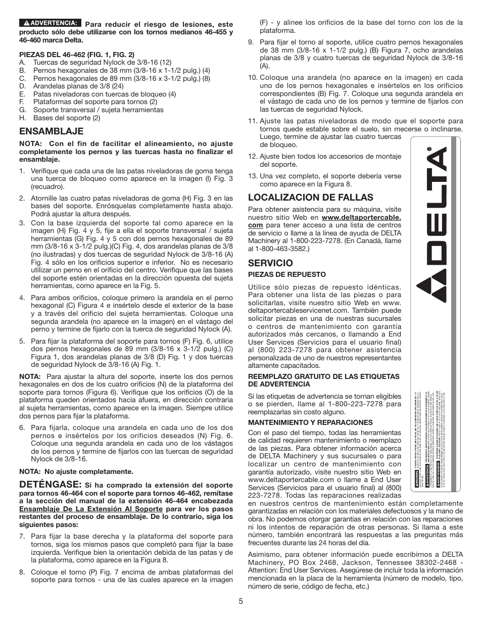 Ensamblaje, Deténgase, Localizacion de fallas | Servicio | Delta 46-462 User Manual | Page 5 / 8