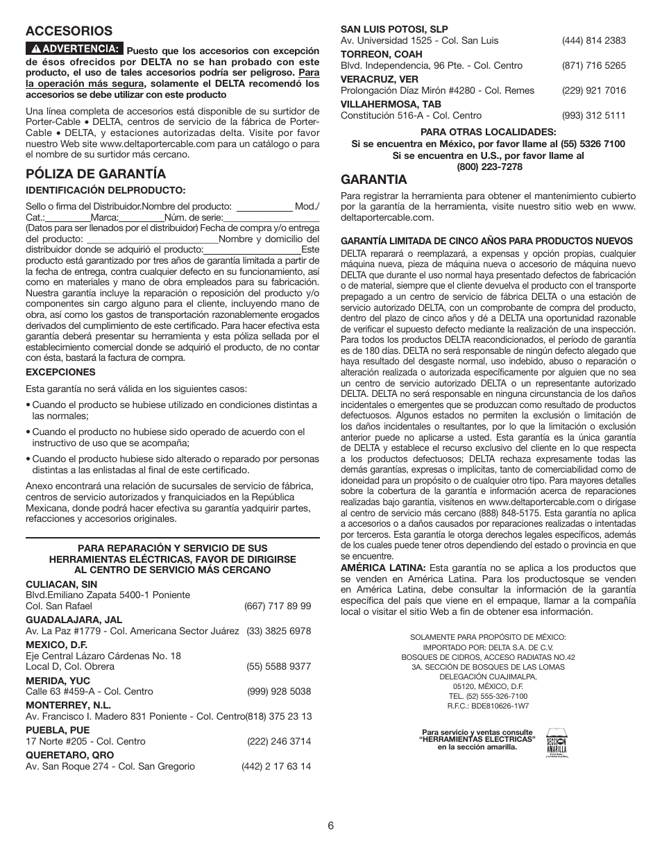 Accesorios, Póliza de garantía, Garantia | Delta 46-462 User Manual | Page 6 / 8