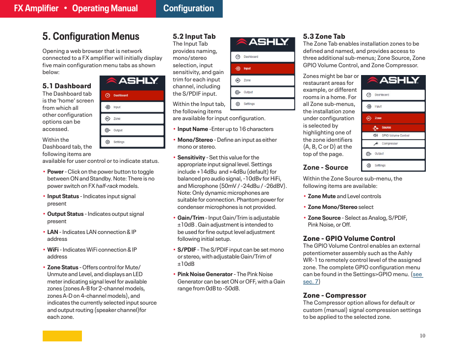 5 - configuration menus, Section 5, Configuration menus | Fx amplifier • operating manual, Configuration | Ashly FX60.2 Multipurpose Installation Network Amplifier with DSP (1 RU, 1/2 Rack) User Manual | Page 10 / 23