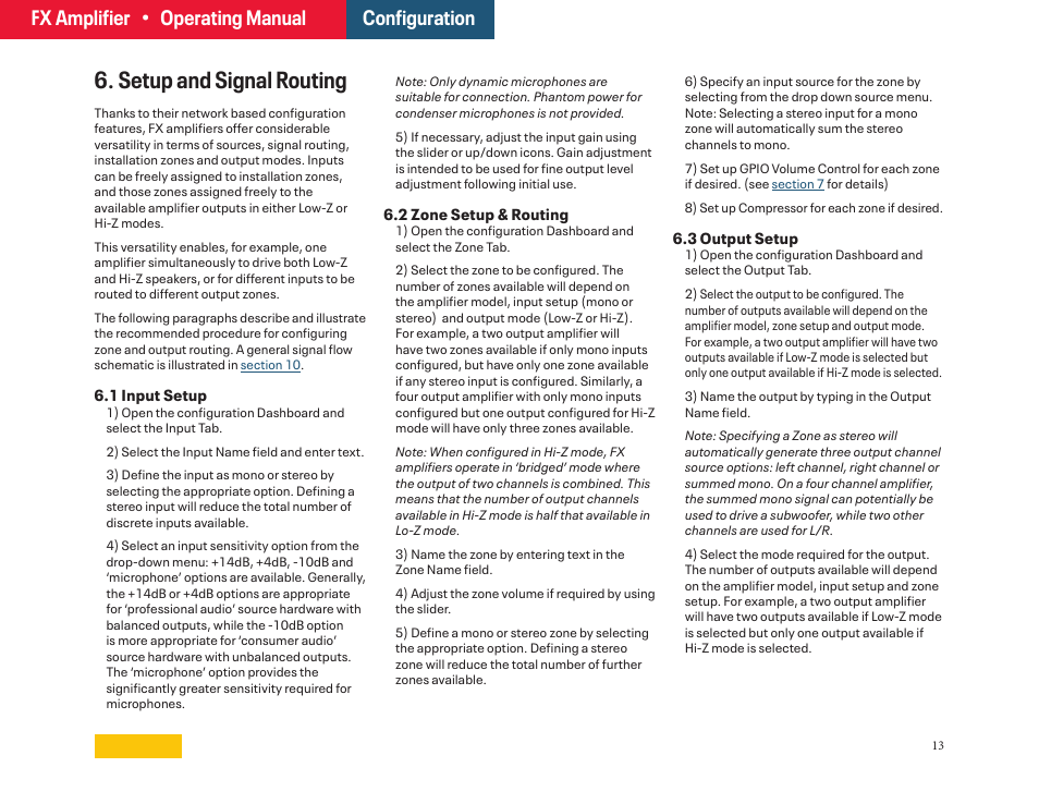 6 - setup and signal routing, Described in, Section 6.3 | Of this man, Setup and signal routing, Fx amplifier • operating manual configuration | Ashly FX60.2 Multipurpose Installation Network Amplifier with DSP (1 RU, 1/2 Rack) User Manual | Page 13 / 23