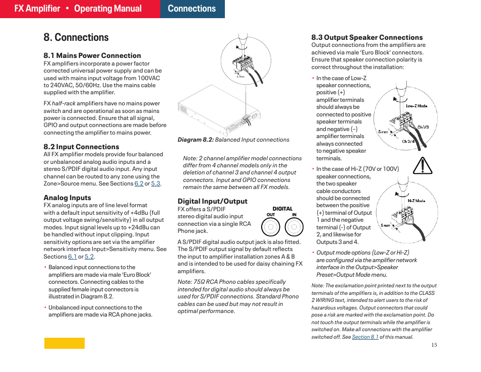 8 - input and speaker connections, Connections, Fx amplifier • operating manual connections | Ashly FX60.2 Multipurpose Installation Network Amplifier with DSP (1 RU, 1/2 Rack) User Manual | Page 15 / 23
