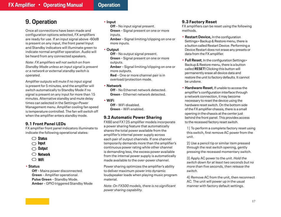 9 - operation, Operation, Fx amplifier • operating manual | Ashly FX60.2 Multipurpose Installation Network Amplifier with DSP (1 RU, 1/2 Rack) User Manual | Page 17 / 23