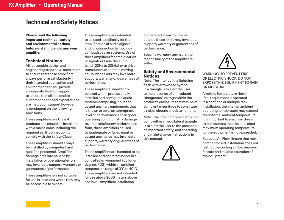Technical and safety notices, Fx amplifier • operating manual | Ashly FX60.2 Multipurpose Installation Network Amplifier with DSP (1 RU, 1/2 Rack) User Manual | Page 2 / 23