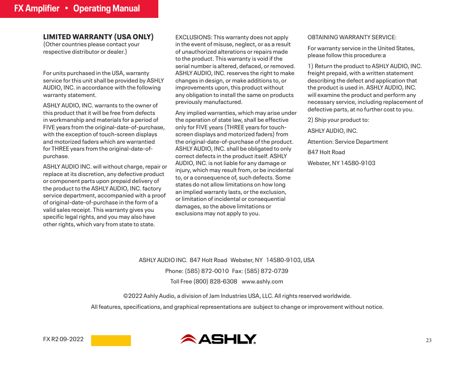 Warranty, 13 - warranty, Fx amplifier • operating manual | Ashly FX60.2 Multipurpose Installation Network Amplifier with DSP (1 RU, 1/2 Rack) User Manual | Page 23 / 23