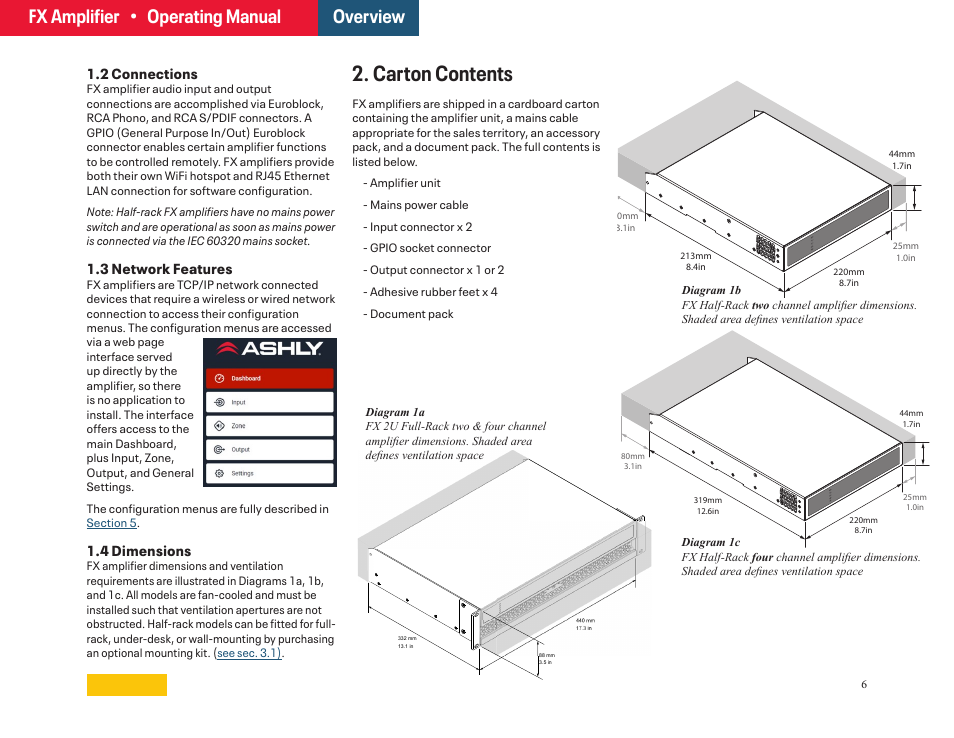 2 - carton contents, Carton contents, Fx amplifier • operating manual | Overview | Ashly FX60.2 Multipurpose Installation Network Amplifier with DSP (1 RU, 1/2 Rack) User Manual | Page 6 / 23