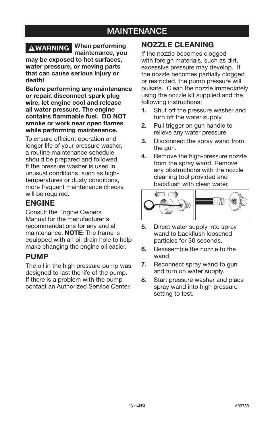 Maintenance, Engine, Pump | Nozzle cleaning | Delta A09733 User Manual | Page 13 / 18