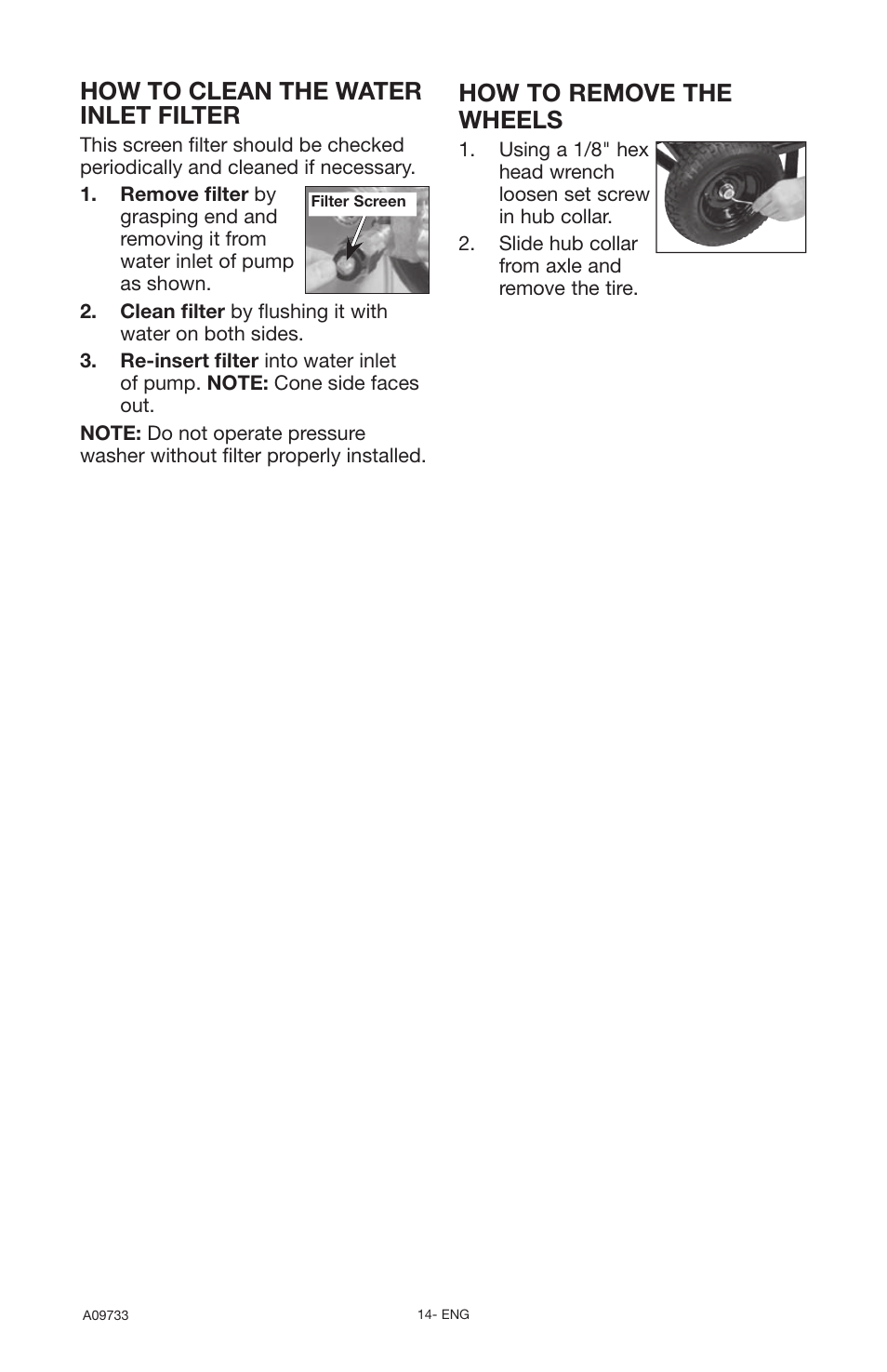 How to clean the water inlet filter, How to remove the wheels | Delta A09733 User Manual | Page 14 / 18