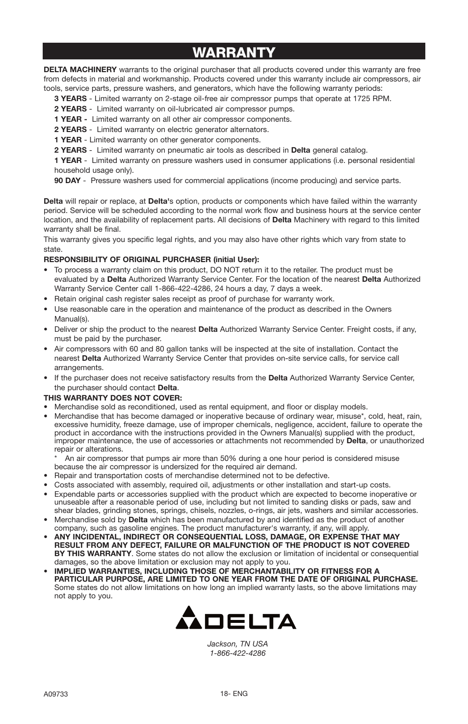 Warranty | Delta A09733 User Manual | Page 18 / 18