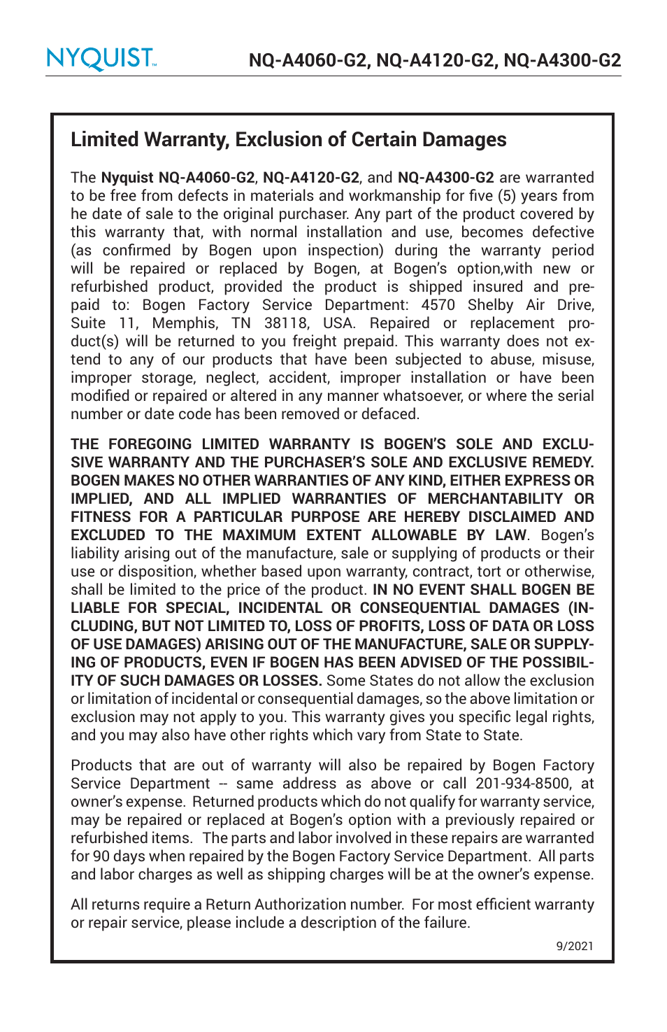 Limited warranty, exclusion of certain damages | Bogen Nyquist Networked 4-Channel Power Amplifier (4 x 300W) User Manual | Page 10 / 60