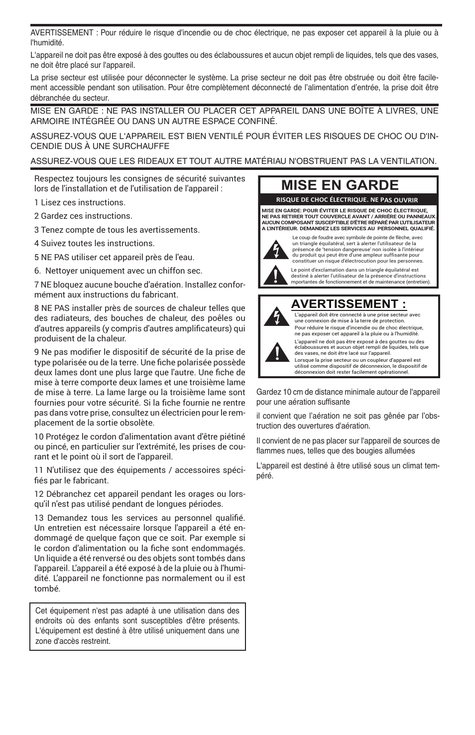 Mise en garde, Avertissement | Bogen Nyquist Networked 4-Channel Power Amplifier (4 x 300W) User Manual | Page 14 / 60