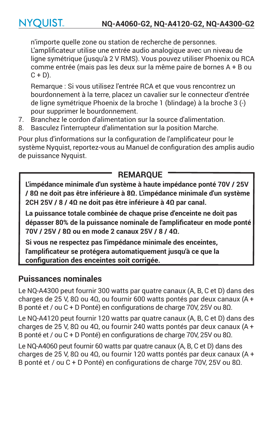 Remarque, Puissances nominales | Bogen Nyquist Networked 4-Channel Power Amplifier (4 x 300W) User Manual | Page 18 / 60