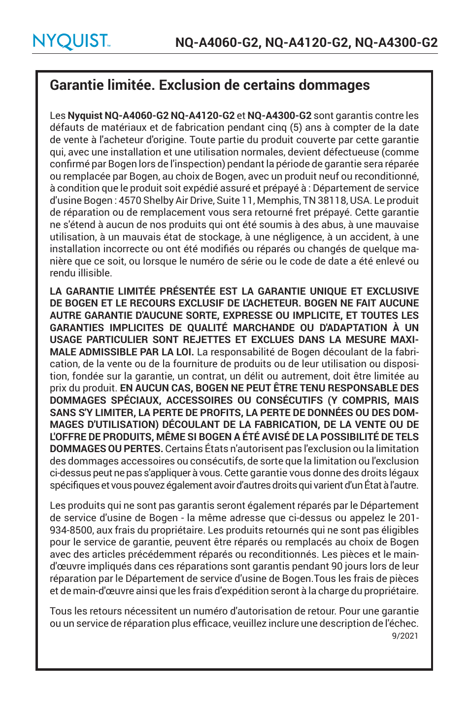 Garantie limitée. exclusion de certains dommages | Bogen Nyquist Networked 4-Channel Power Amplifier (4 x 300W) User Manual | Page 22 / 60