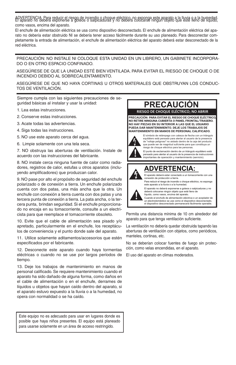 Precaución, Advertencia | Bogen Nyquist Networked 4-Channel Power Amplifier (4 x 300W) User Manual | Page 26 / 60