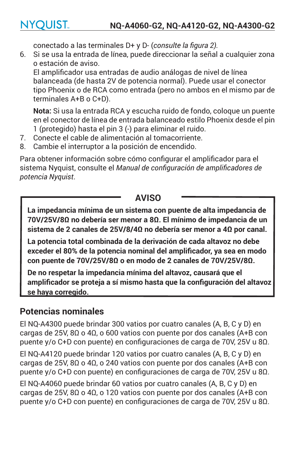 Aviso, Potencias nominales | Bogen Nyquist Networked 4-Channel Power Amplifier (4 x 300W) User Manual | Page 30 / 60