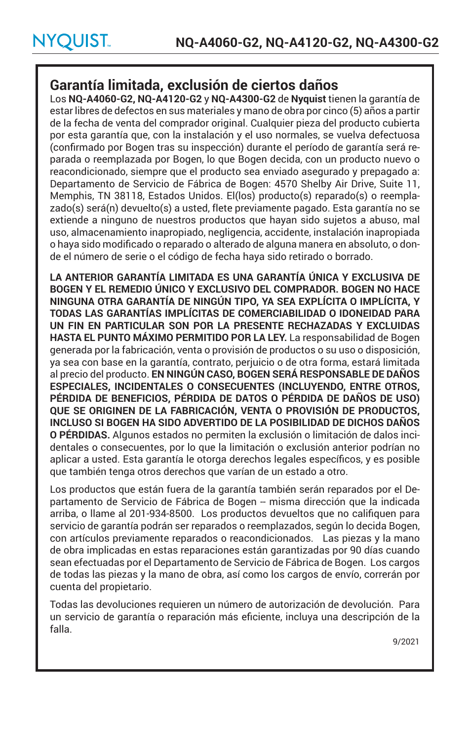 Garantía limitada, exclusión de ciertos daños | Bogen Nyquist Networked 4-Channel Power Amplifier (4 x 300W) User Manual | Page 34 / 60