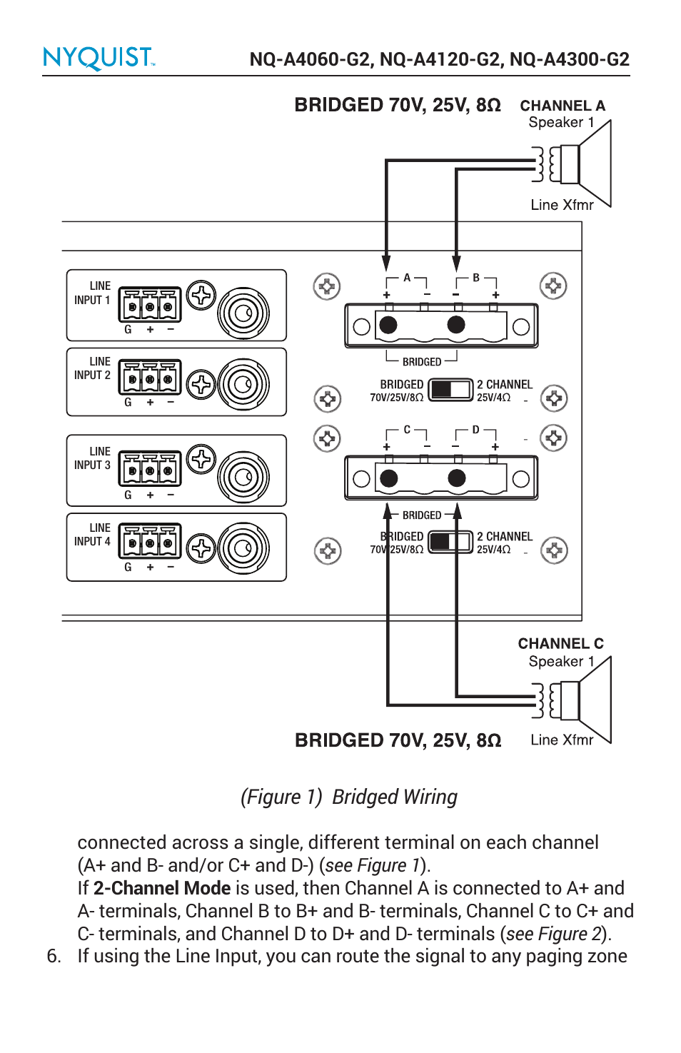 Figure 1) bridged wiring | Bogen Nyquist Networked 4-Channel Power Amplifier (4 x 300W) User Manual | Page 4 / 60