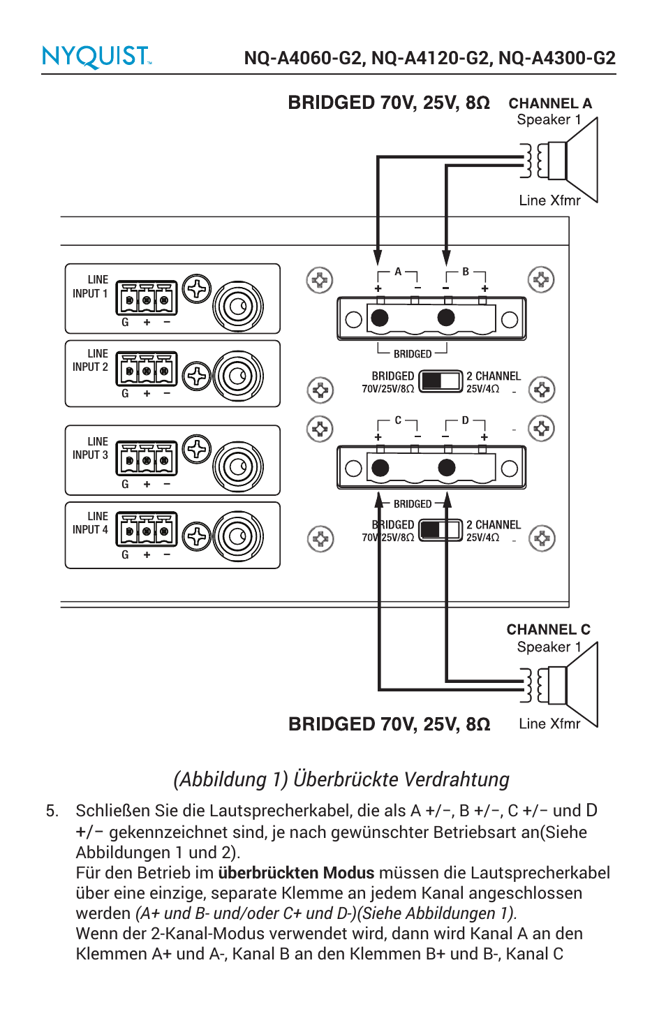 Abbildung 1) überbrückte verdrahtung | Bogen Nyquist Networked 4-Channel Power Amplifier (4 x 300W) User Manual | Page 40 / 60