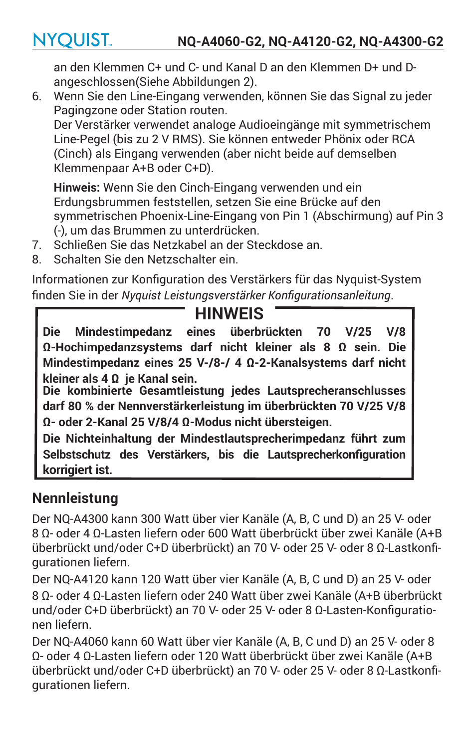 Hinweis, Nennleistung | Bogen Nyquist Networked 4-Channel Power Amplifier (4 x 300W) User Manual | Page 42 / 60