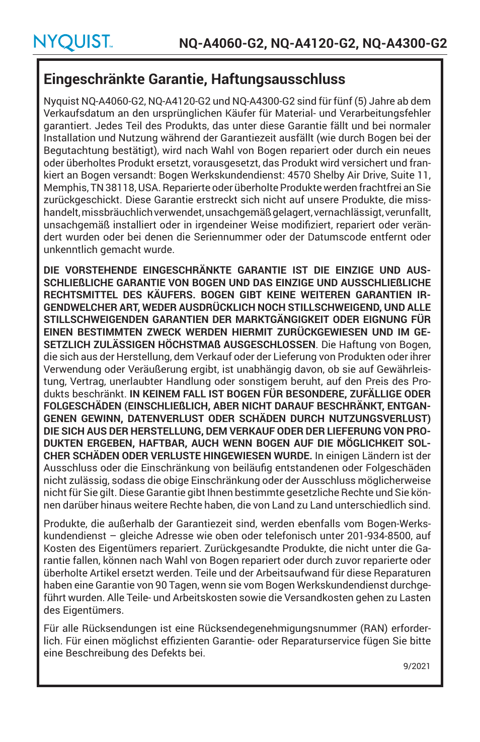 Eingeschränkte garantie, haftungsausschluss | Bogen Nyquist Networked 4-Channel Power Amplifier (4 x 300W) User Manual | Page 46 / 60