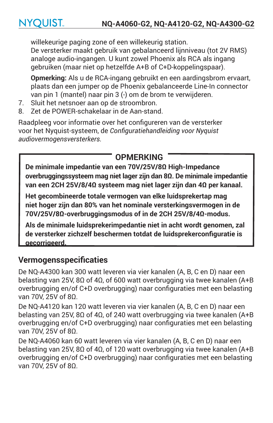 Opmerking, Vermogensspecificaties | Bogen Nyquist Networked 4-Channel Power Amplifier (4 x 300W) User Manual | Page 54 / 60