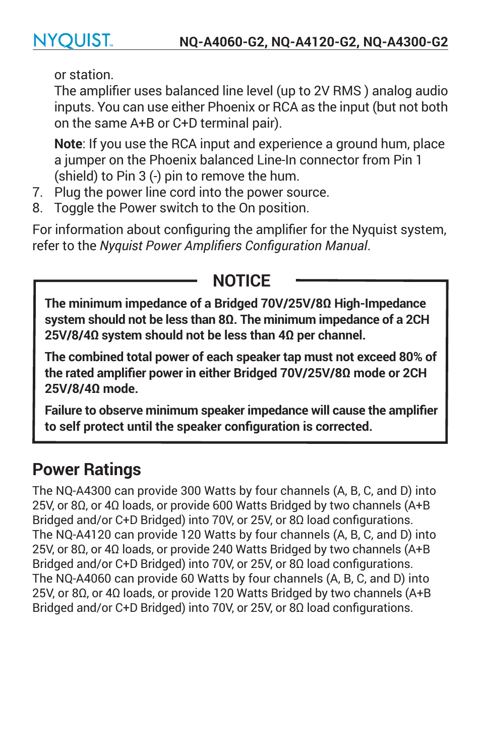 Notice, Power ratings | Bogen Nyquist Networked 4-Channel Power Amplifier (4 x 300W) User Manual | Page 6 / 60