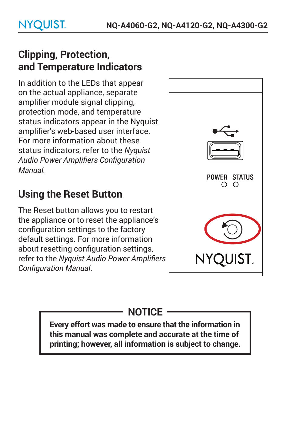 Clipping, protection, and temperature indicators, Using the reset button, Notice | Bogen Nyquist Networked 4-Channel Power Amplifier (4 x 300W) User Manual | Page 8 / 60