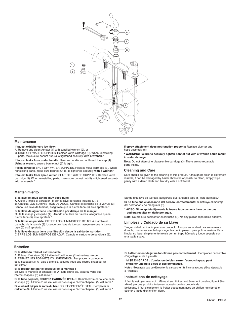 Maintenance, Cleaning and care, Mantenimiento | Limpieza y cuidado de su llave, Entretien, Instructions de nettoyage | Delta 417-DST User Manual | Page 12 / 12