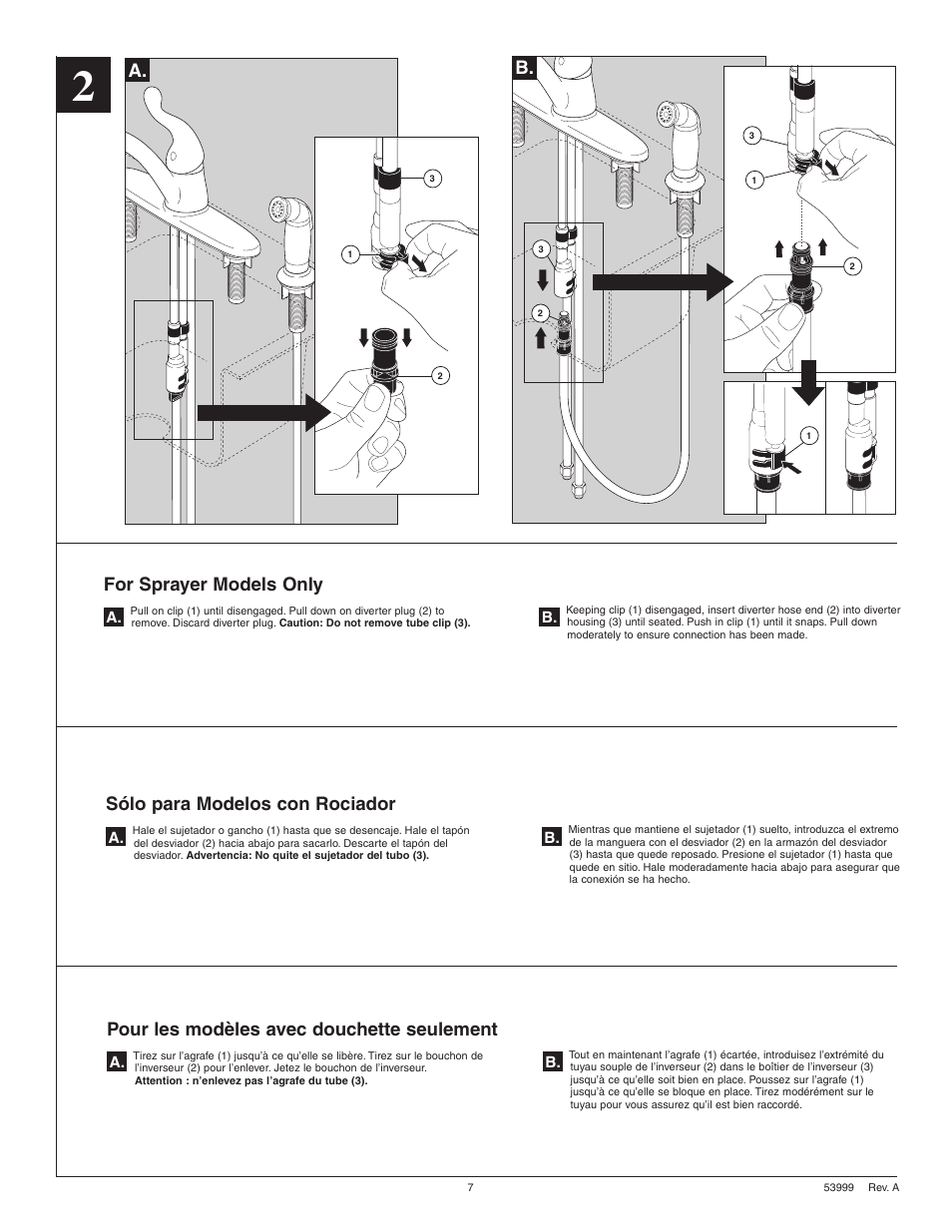 A. b, For sprayer models only, Sólo para modelos con rociador | Pour les modèles avec douchette seulement | Delta 417-DST User Manual | Page 7 / 12