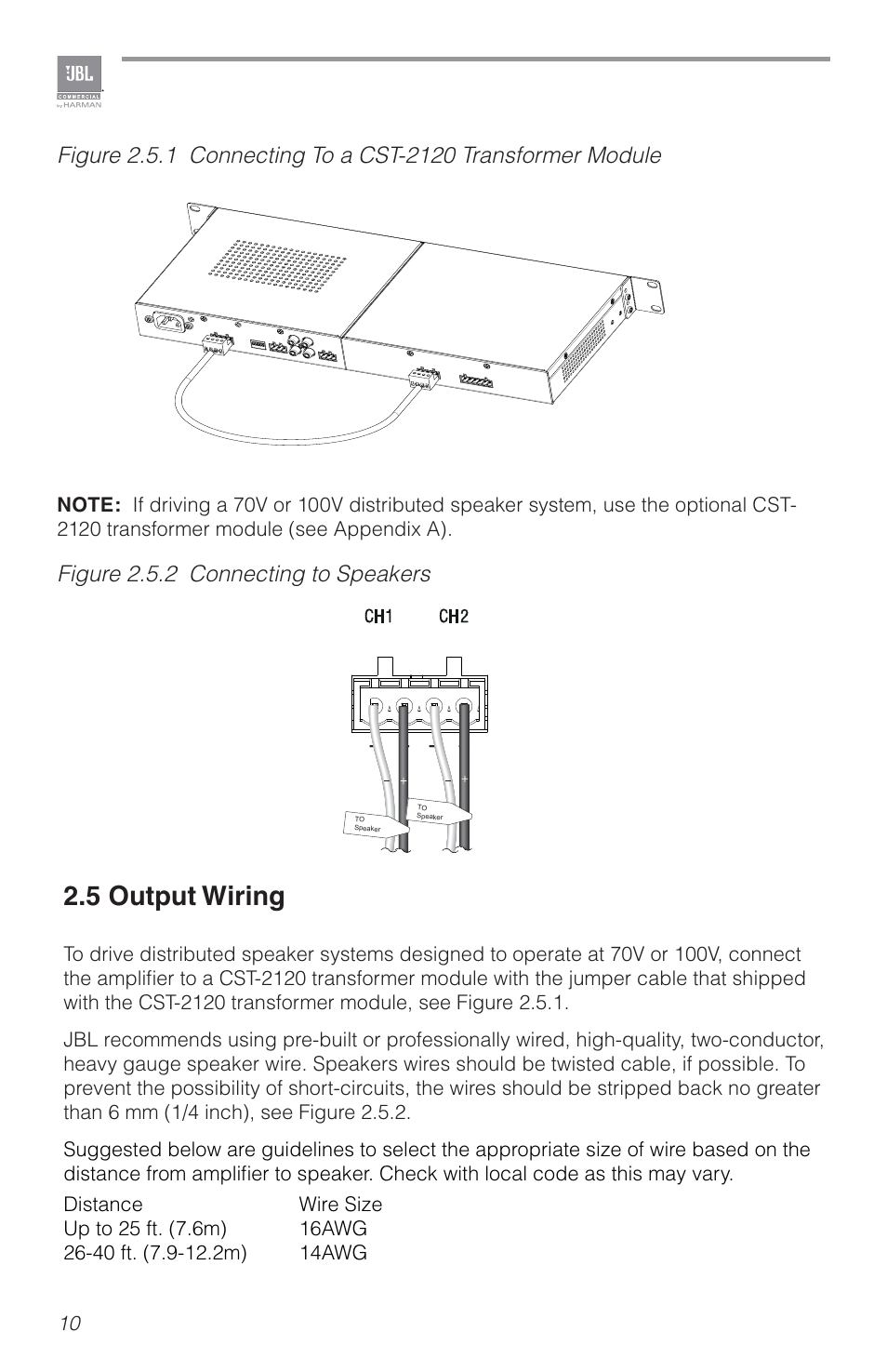 5 output wiring, Figure 2.5.2 connecting to speakers | JBL CSA2120 2-Channel Installed Sound Power Amplifier User Manual | Page 10 / 36