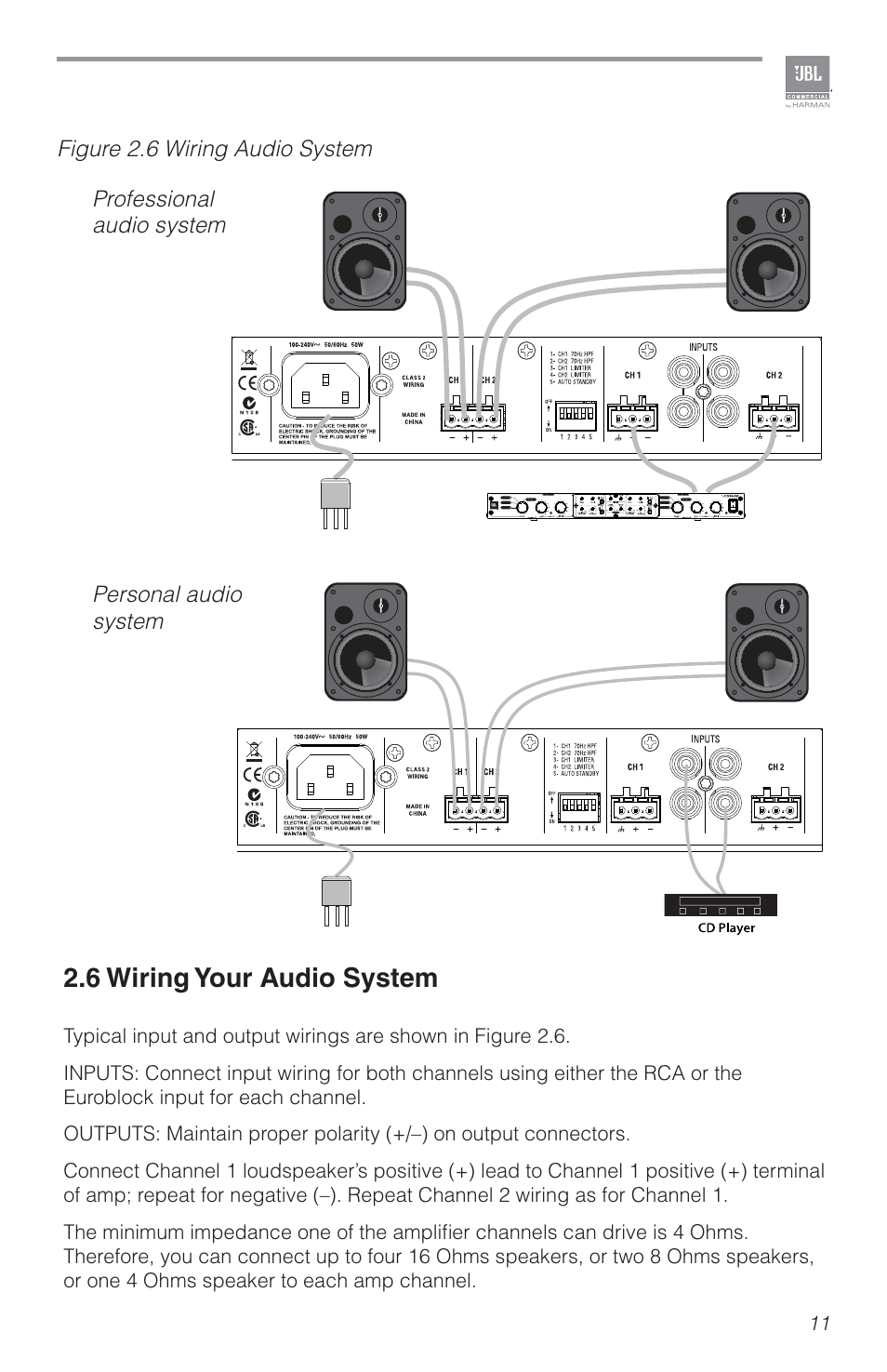 6 wiring your audio system | JBL CSA2120 2-Channel Installed Sound Power Amplifier User Manual | Page 11 / 36