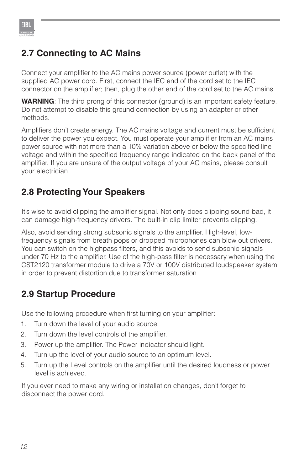 7 connecting to ac mains, 8 protecting your speakers, 9 startup procedure | JBL CSA2120 2-Channel Installed Sound Power Amplifier User Manual | Page 12 / 36