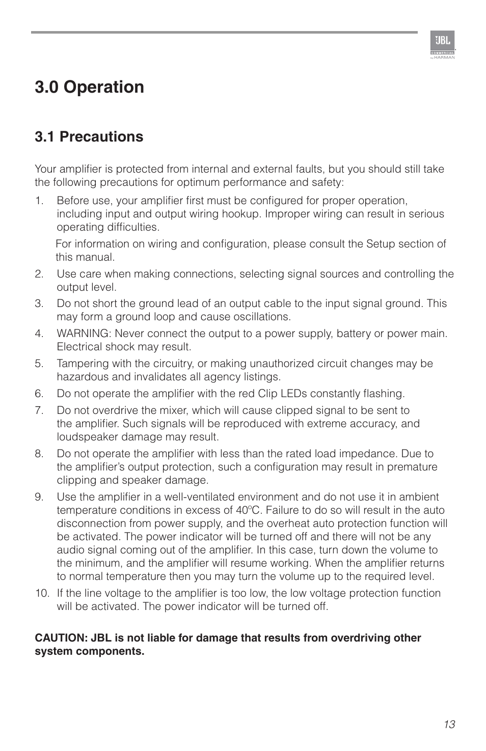 0 operation, 1 precautions | JBL CSA2120 2-Channel Installed Sound Power Amplifier User Manual | Page 13 / 36