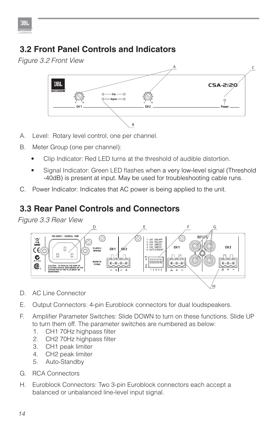 2 front panel controls and indicators, 3 rear panel controls and connectors, Figure 3.3 rear view figure 3.2 front view | JBL CSA2120 2-Channel Installed Sound Power Amplifier User Manual | Page 14 / 36