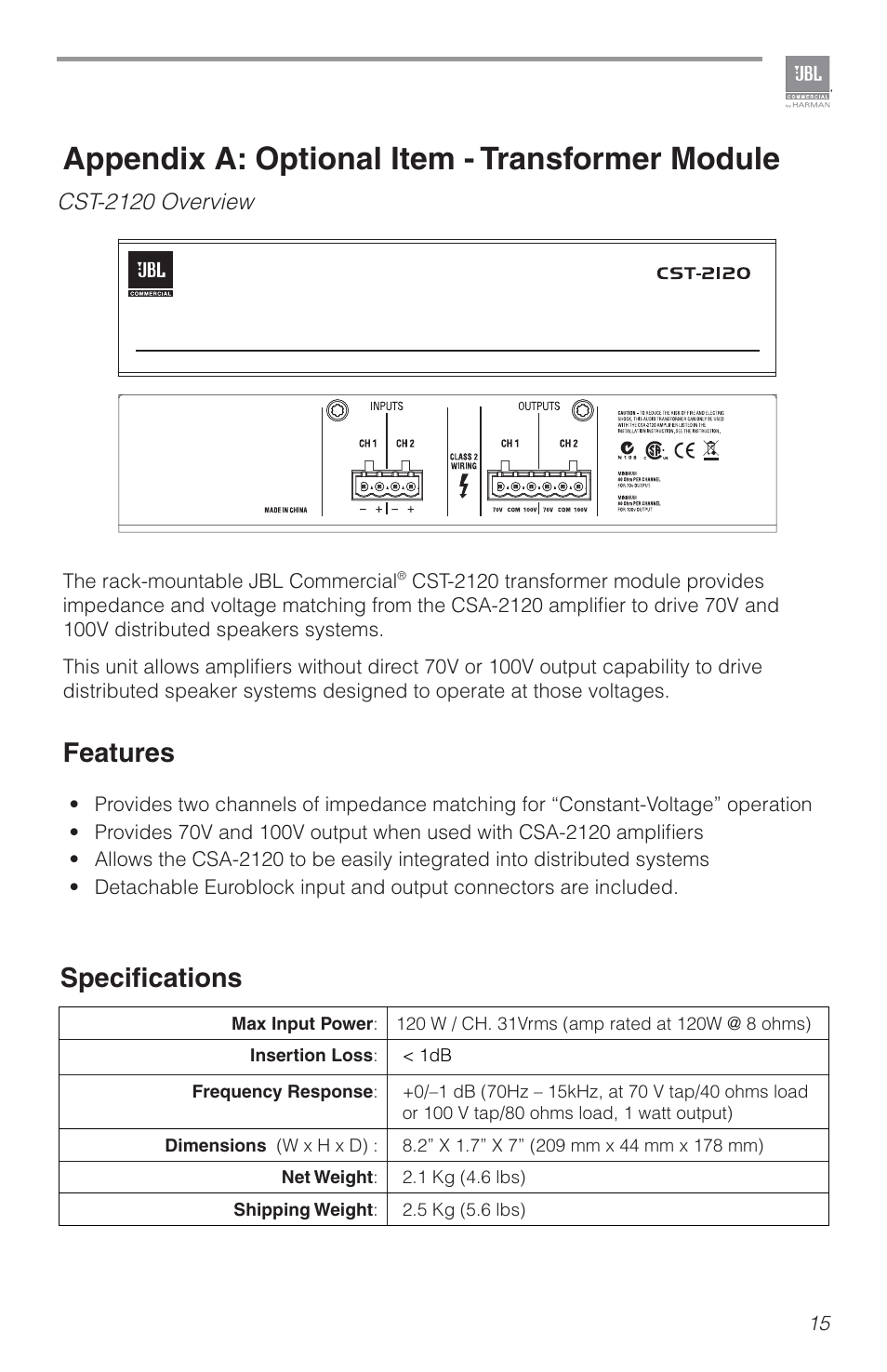 Appendix a: optional item - transformer module, Features, Specifications | JBL CSA2120 2-Channel Installed Sound Power Amplifier User Manual | Page 15 / 36