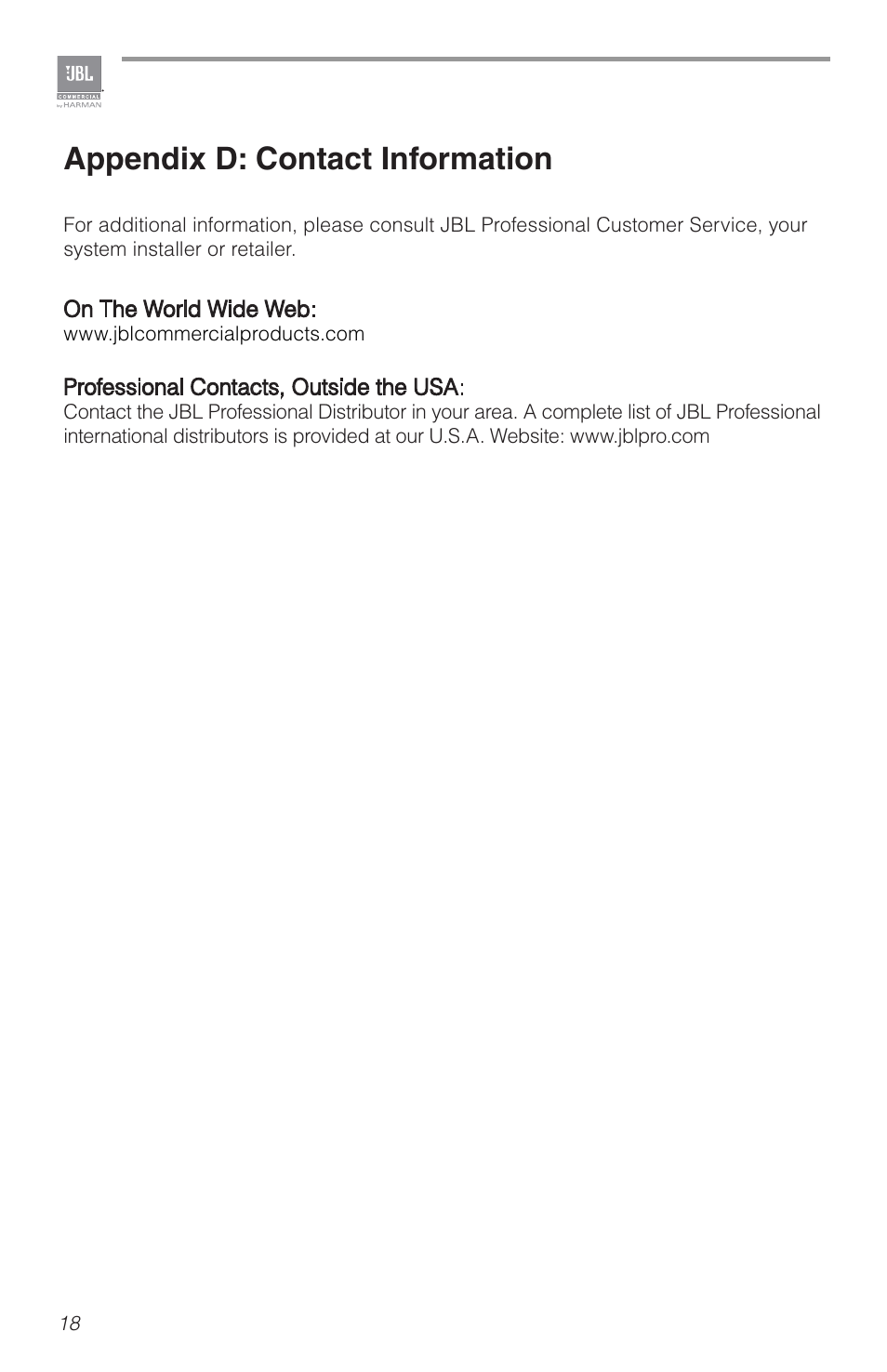 Appendix d: contact information | JBL CSA2120 2-Channel Installed Sound Power Amplifier User Manual | Page 18 / 36