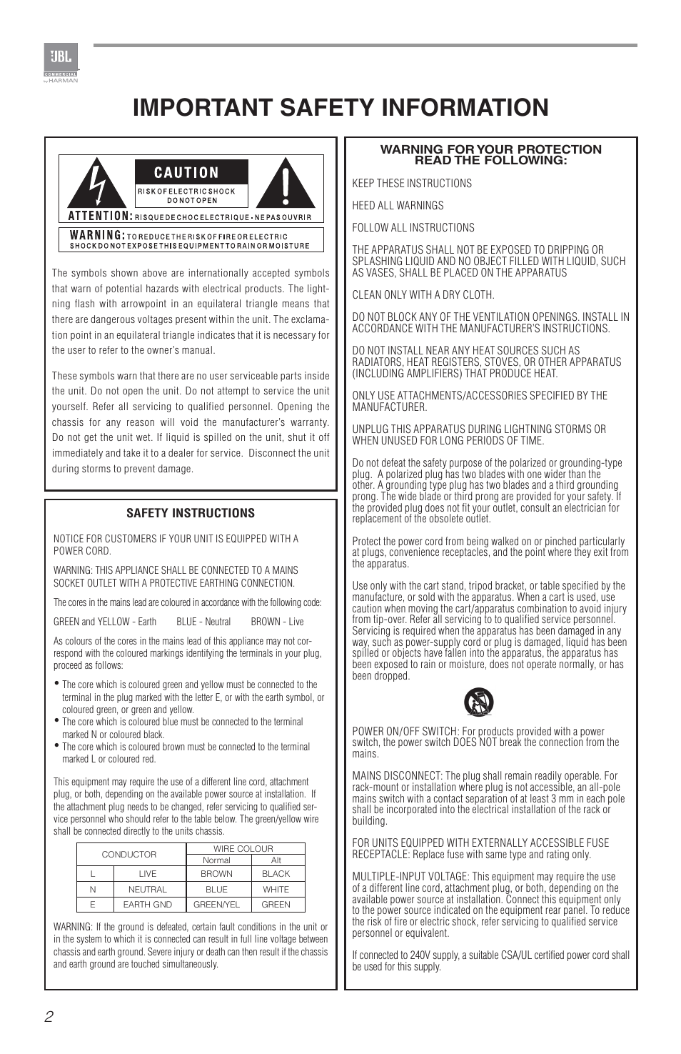 Important safety information | JBL CSA2120 2-Channel Installed Sound Power Amplifier User Manual | Page 2 / 36