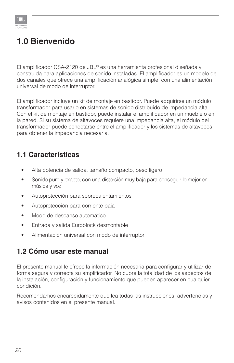 0 bienvenido, 1 características, 2 cómo usar este manual | JBL CSA2120 2-Channel Installed Sound Power Amplifier User Manual | Page 20 / 36